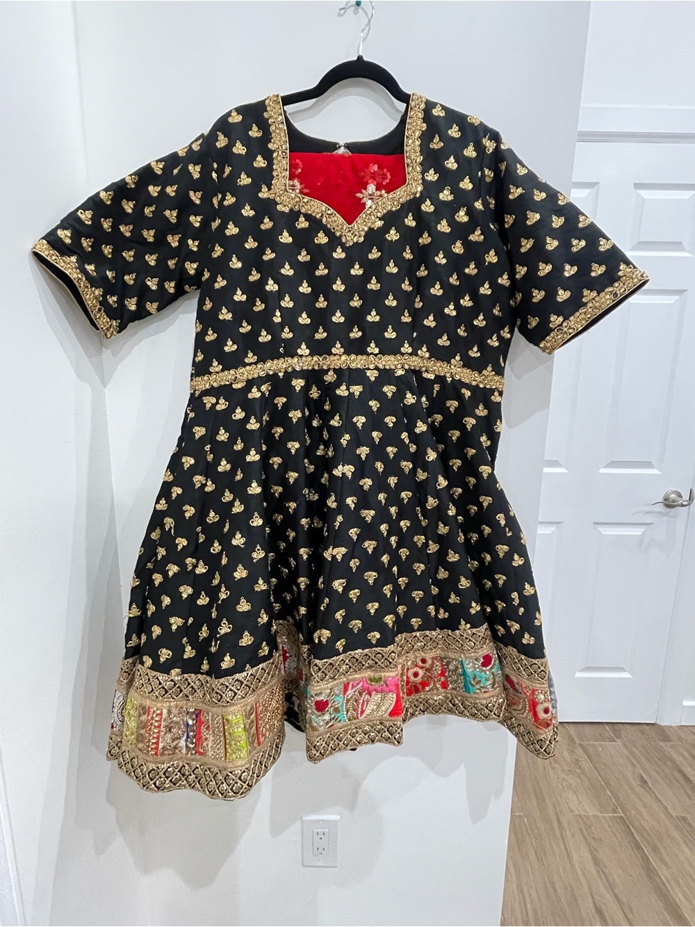 Black and Gold Embroidered Traditional Dress with Red Accent